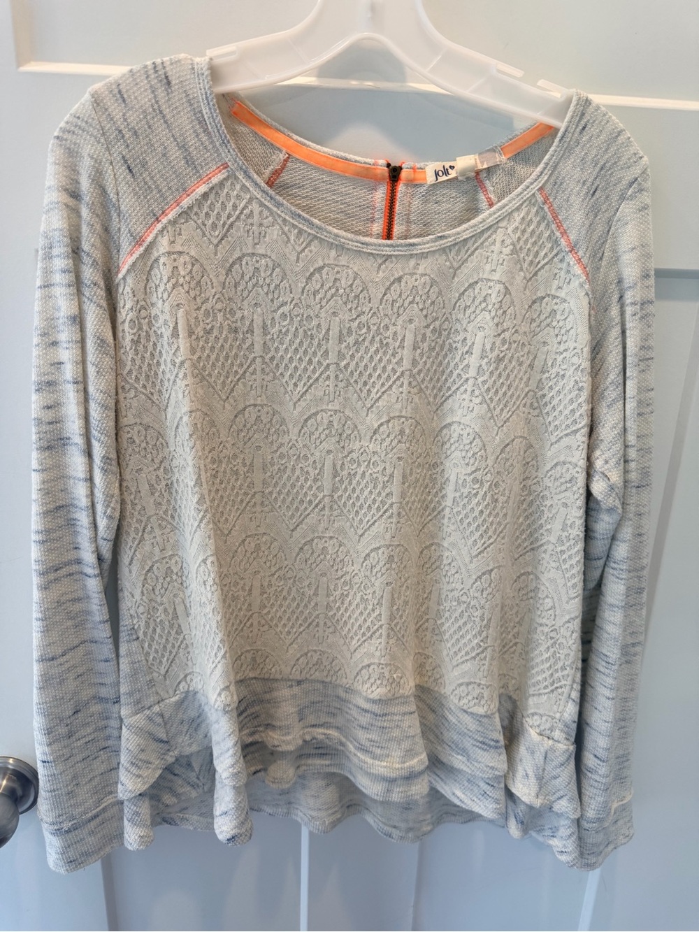 Jolt XL Gray Blue Lace Front Sweatshirt Scoop Neck Coral Back Zip Pullover